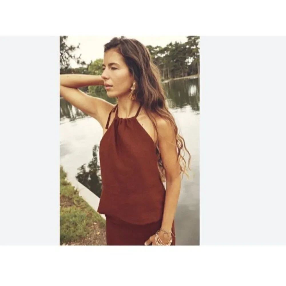 Zara Women Frayed Linen Halter Top shirt M Medium Red 4043/265 NWT